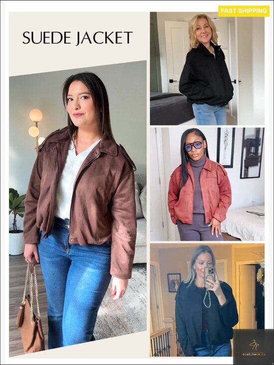 Faux Suede Bomber Jacket Cropped Zip Up Long Sleeve Trendy Y2K Outerwear with - Picture 7 of 7